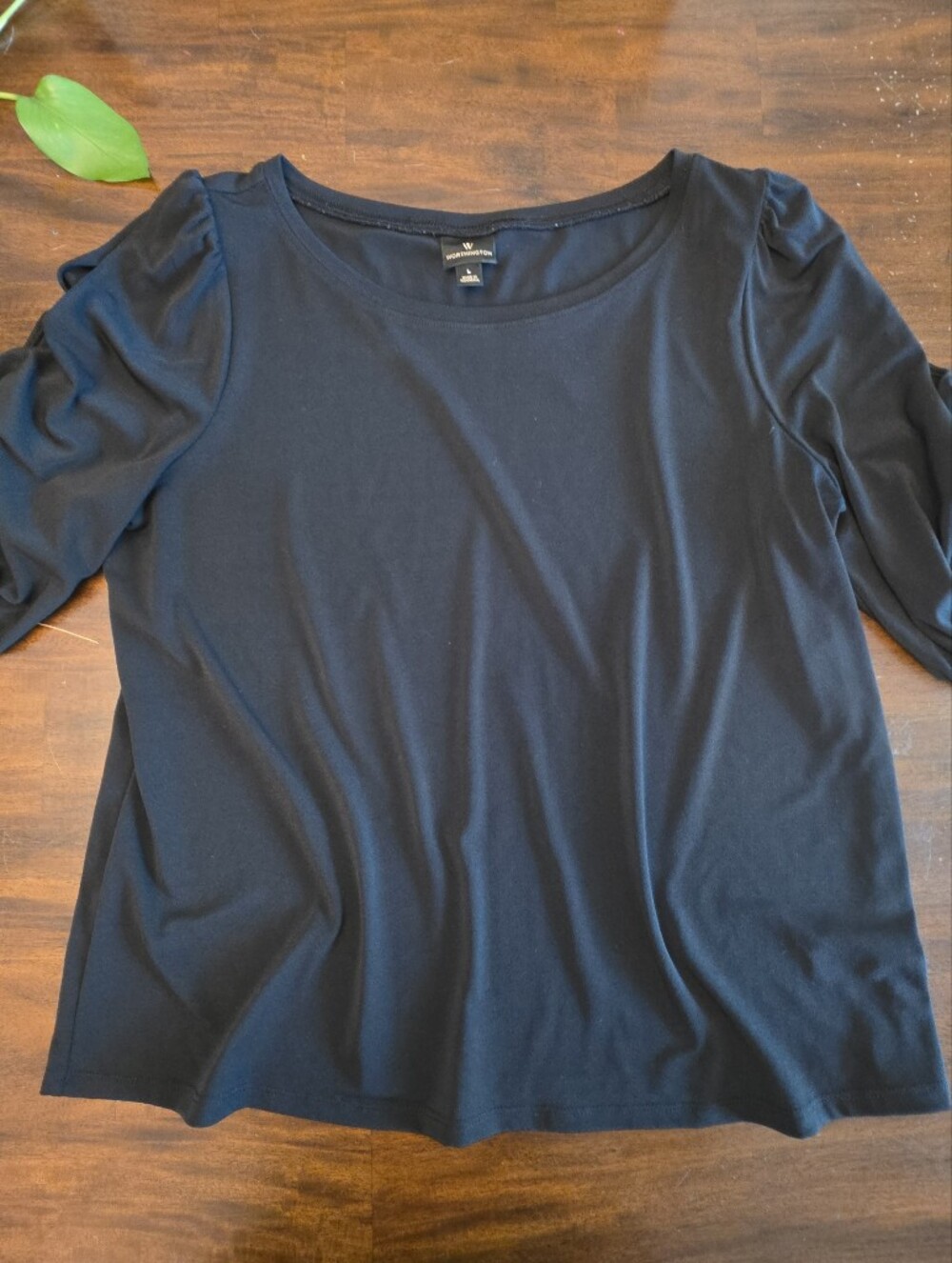 Worthington Black Puff Sleeve Blouse Crew Neck Top Size L